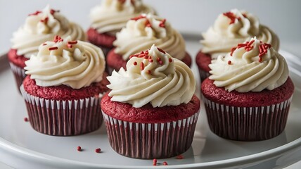 Decadent red velvet cupcakes with cream cheese frosting, garnished with red sprinkles and served on white platter