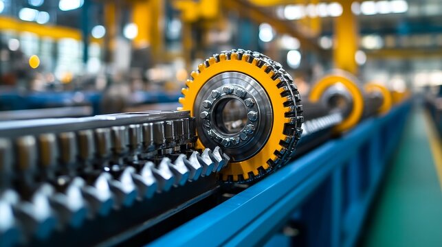 Close-up of a yellow and gray gear on an industrial conveyor belt