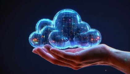 Close-up of a hand gracefully holding a symbol signifying technology, data flow and innovation in a dark, futuristic atmosphere