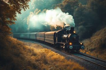 Obraz premium Retro train chugging along a scenic route through the countryside. Generative AI