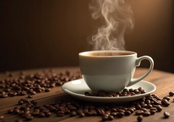 Warm cup of coffee emits steam surrounded by roasted beans on a wooden table