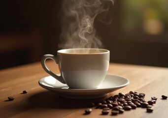 Warm cup of coffee on a wooden table with steam rising in a cozy setting during morning hours