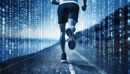 A dynamic scene of a runner on a futuristic digital path blending technology and athleticism under abstract lighting