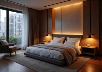Modern hotel bedroom featuring large windows and elegant decor in a city location
