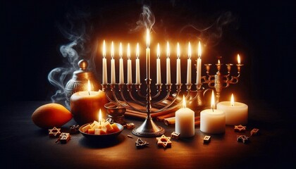 Burning Hanukkah candles isolated on black background