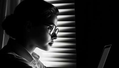 A profile of a woman in glasses focused on a laptop, illuminated by soft light through blinds, creating a dramatic black and white effect.
