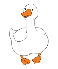Funny goose cute character hand drawn. White duck or goose doodle isolated icon. Fun and simple vector illustration. Farm core cartoon kawaii domestic bird drawing.