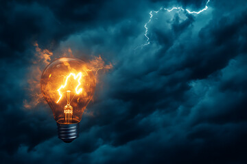 Illuminating Ideas: A Lightbulb Glows Bright Against a Dramatic Stormy Sky.  A symbol of inspiration, innovation, and creative solutions amidst adversity.