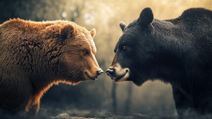 Two bears face each other in a forest, one brown and one black, with a blurred background.