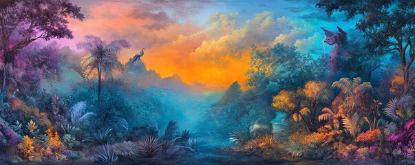 Vibrant fantasy landscape painting. Colorful sunset over surreal forest with palm trees, mountains, and mystical creatures. Ideal for fantasy, dreamscape, or nature themes.
