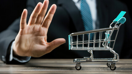 Businessman in Suit Stopping Mini Shopping Cart Symbolizing Rejection of Consumerism and Shopping Habits in Modern Society