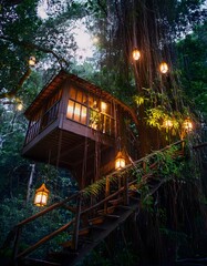 Hidden treehouse in a dense jungle, with hanging vines and glowing lanterns lighting