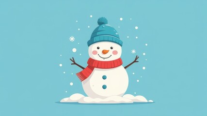 A snowman with a blue hat and a red scarf is smiling. The snowman is sitting on a blue surface