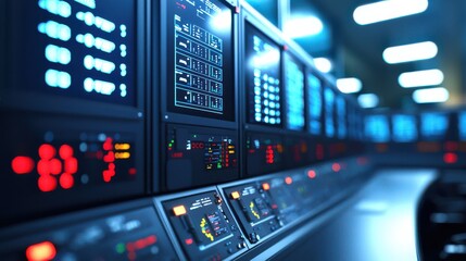 A futuristic control room with illuminated panels and screens, showcasing advanced technology and digital interfaces in a high-tech environment.