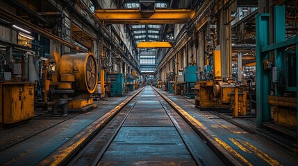Industrial Interior with Overhead Cranes and Rails