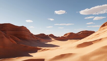 Fototapeta premium A serene desert landscape featuring rolling sand dunes under a clear blue sky with scattered clouds.