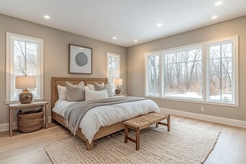 Fototapeta premium modern farmhouse bedroom with white oak floors, light colored walls and large windows, neutral color palette, modern lighting, wood furniture, fluffy rug, generative ai