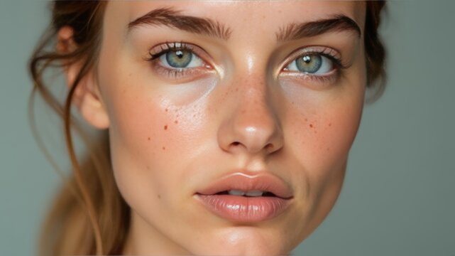 Quite a beautiful portrait of a young woman, clean face without makeup, with fresh blotchy skin, looking at the camera.