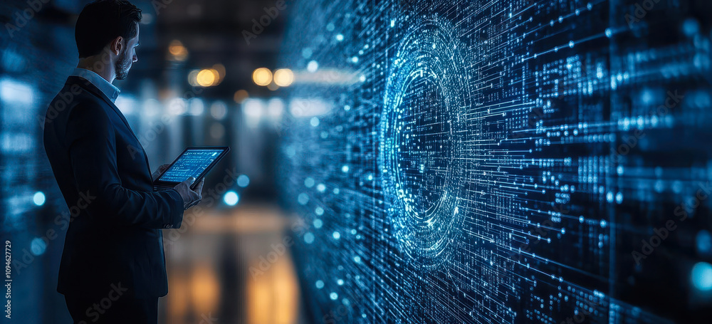 Poster businessman securing data with encryption for cybersecurity in online business transactions