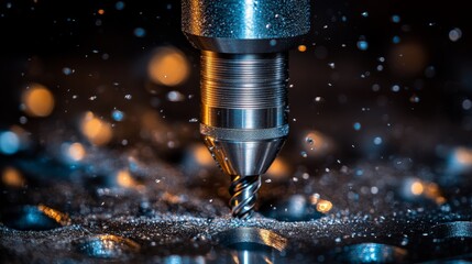 Close-up of a Drill Bit Cutting Metal with Sparks Flying