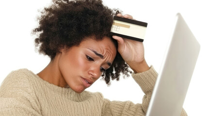 Frustrated woman holding a credit card to her forehead while using a laptop, expressing concern over finances and online shopping decisions in a light studio setting