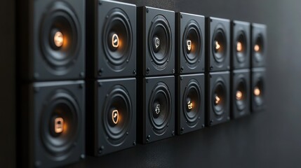 A tech-inspired wall with in-wall speakers integrated in a vertical arrangement, each speaker...