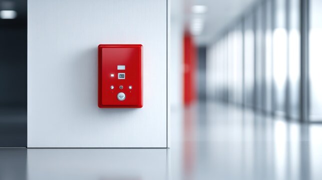 A bright red alarm box mounted on a sleek wall in a modern hallway, emphasizing safety and alertness in a contemporary environment.