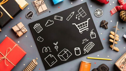Obraz premium Creative Flat Lay Composition Featuring Hand-Drawn Icons on Chalkboard with Colorful Gifts, Stationery Items, and Festive Elements for Holiday or Marketing Use