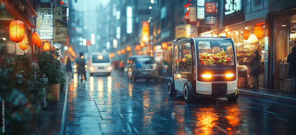 Poster autonomous food delivery robots navigating tech-driven urban streets for efficient distribution