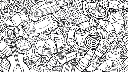 Obraz premium Intricate Black and White Doodle Art Featuring a Variety of Everyday Objects Including Musical