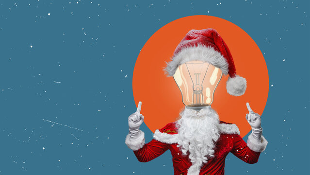 Cool Santa Claus with light bulb idea as a head, idea for christmas gift concept. creative gift concept.