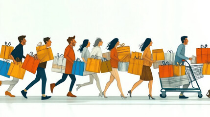 Colorful Group of Shoppers Joyfully Carrying Shopping Bags in a Dynamic Urban Environment, Celebrating the Joy of Shopping and Retail Therapy Experience Together