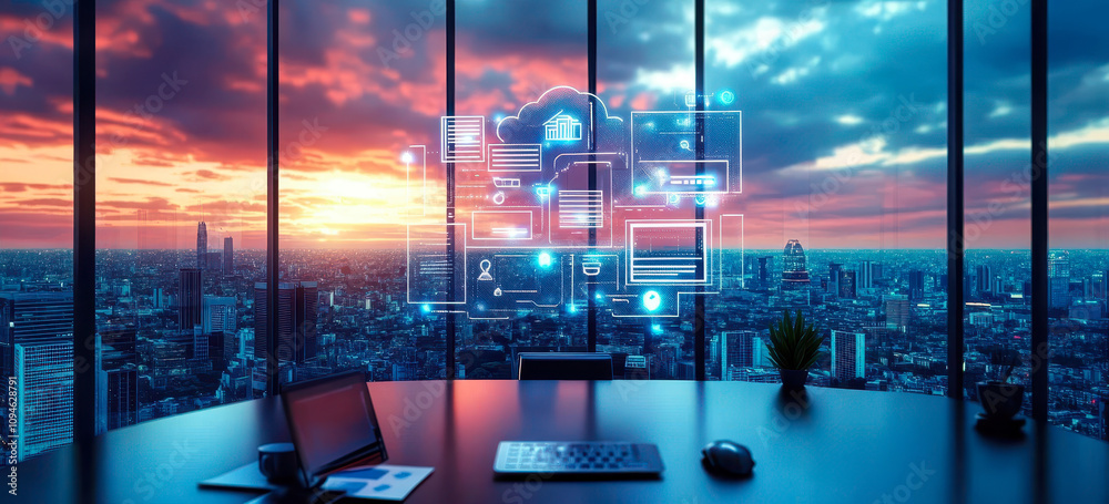 Poster modern office with cloud computing interface displaying erp system at sunset