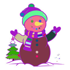 The snowman is wearing a blue and purple scarf and a green hat. There is a small green tree next to the snowman with snow on it. There are three small birds flying in the air.