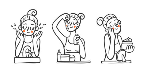 Stages of skin care doodles. Vector cartoon illustrations of self care beauty routine. Woman washing use serum and moisturizing face with cream.