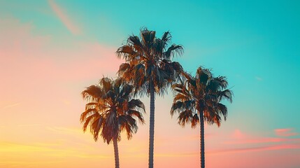 Obraz premium A serene sunset with three palm trees silhouetted against a colorful sky.