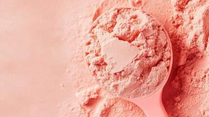 Fototapeta premium A measuring scoop filled with pink powder rests on a soft pastel background. This colorful ingredient suggests potential uses in cooking or beauty applications.
