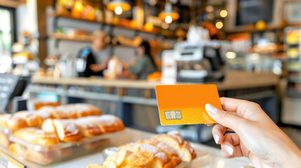 Fototapeta premium Hand Holding Orange Card in Front of Bakery Display with Soft Focus on Customers Enjoying Pastries and Coffee in Modern Cafe Interior