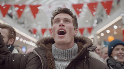 Joyful young man enjoying festive atmosphere with snow falling, surrounded by cheerful crowd, celebrating winter season with excitement and warmth in a vibrant indoor market.