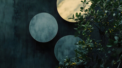 Abstract composition featuring circular panels against a dark textured wall with lush foliage and muted light in an artistic studio environment