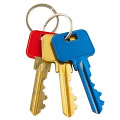 Red, gold, and blue keys on keyrings symbolize security, access, and ownership