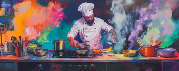A vibrant painting of a chef cooking amidst colorful smoke and steam. Dynamic and expressive, capturing the energy of culinary creation.