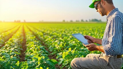 Farmer Monitoring Crop Growth with Tablet Agricultural Field Digital Farming Sunny Environment Close-up View Precision Agriculture