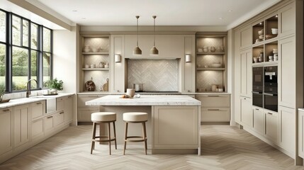 A contemporary kitchen featuring a herringbone hardwood floor, light beige cabinetry with recessed lighting beneath, and expansive windows that flood the room with natural light. 