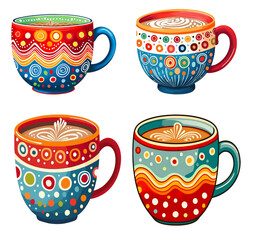 Set of whimsical Christmas mugs of hot chocolate. Bright colored ceramic tall and short cups, hygge warm holiday feeling.