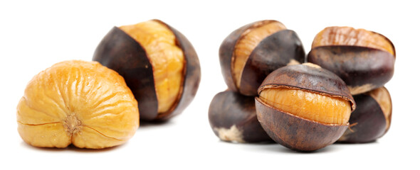 chinese food, peeled roasted chestnut on white background