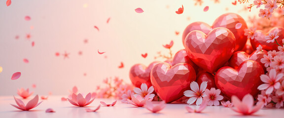 Fototapeta premium A festive scene for Valentine's Day, featuring a cluster of shiny red hearts amidst pink flowers and petals, set against a soft, pastel background.