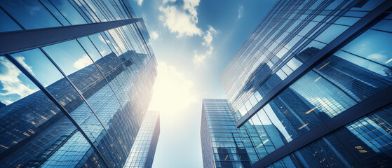 A close-up view of modern office buildings from a low angle, showcasing sleek architecture and tall glass facades.

