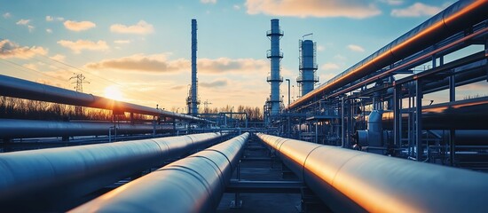 Naklejka premium A photograph of an industrial oil and gas plant with steel pipes in the foreground