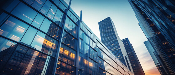 Fototapeta premium A close-up view of modern office buildings from a low angle, showcasing sleek architecture and tall glass facades.